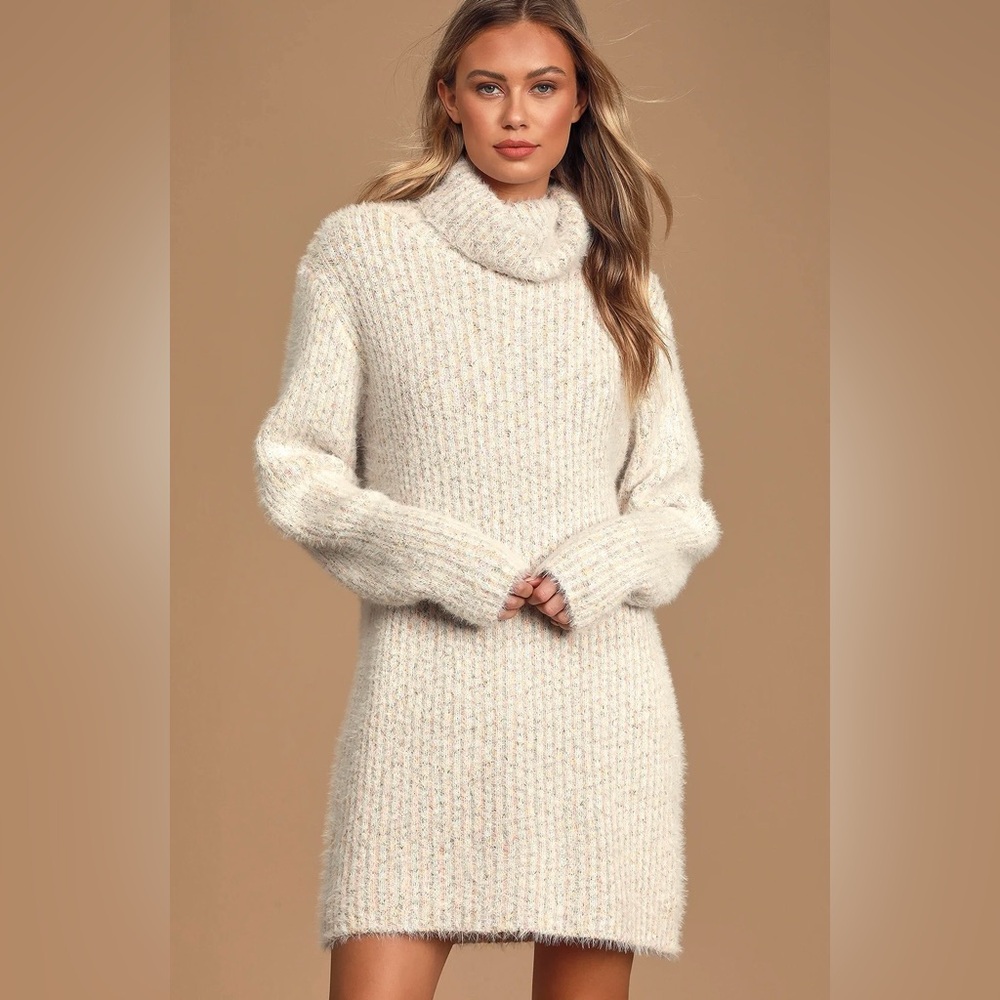 Sweet Whispers Ivory Multi Eyelash Knit Turtleneck Sweater Dress - Lulus